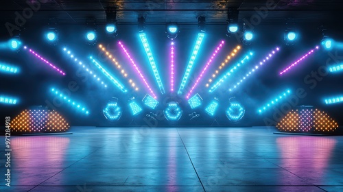 An energetic stage with vibrant lighting ready for a spectacular performance. Perfect for music events and entertainment imagery.
