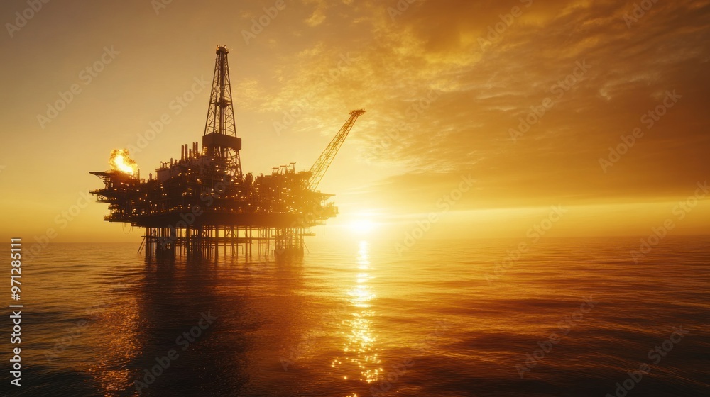 A large oil rig is floating in the ocean at sunset A large oil rig is floating in the ocean at sunset