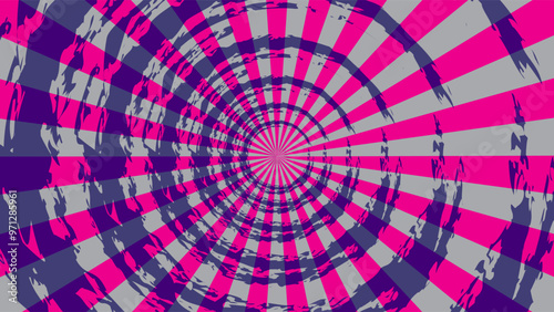 vibrant hypnotic tunnel with alternating pink, purple, and gray checkered patterns radiating from the center, creating a dizzying, vortex-like illusion