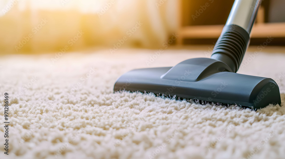 A close-up of a vacuum cleaner head gliding across a carpet, picking up dust and debris. Hobbies and home cleaning concept. A close-up of a vacuum cleaner head gliding across a carpet, picking up dust and debris. Hobbies and home cleaning concept.