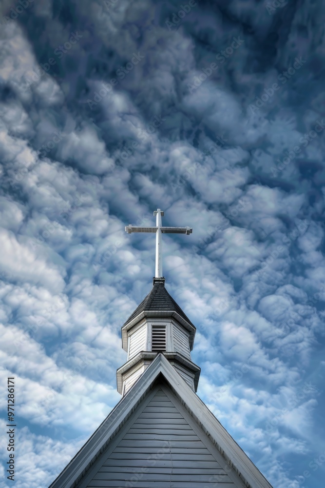 Stunning Church Steeple Against a Backdrop of Vibrant Wispy Clouds in Bright Daylight Stunning Church Steeple Against a Backdrop of Vibrant Wispy Clouds in Bright Daylight