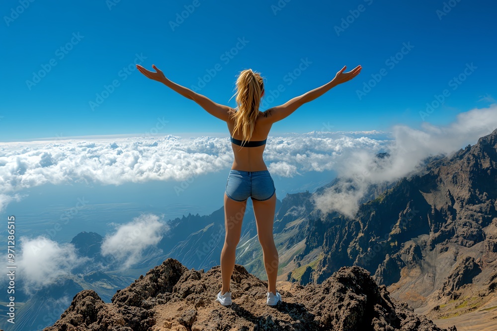 A lady on a mountaintop, standing with her arms open to the wind, embracing the freedom and beauty of nature A lady on a mountaintop, standing with her arms open to the wind, embracing the freedom and beauty of nature