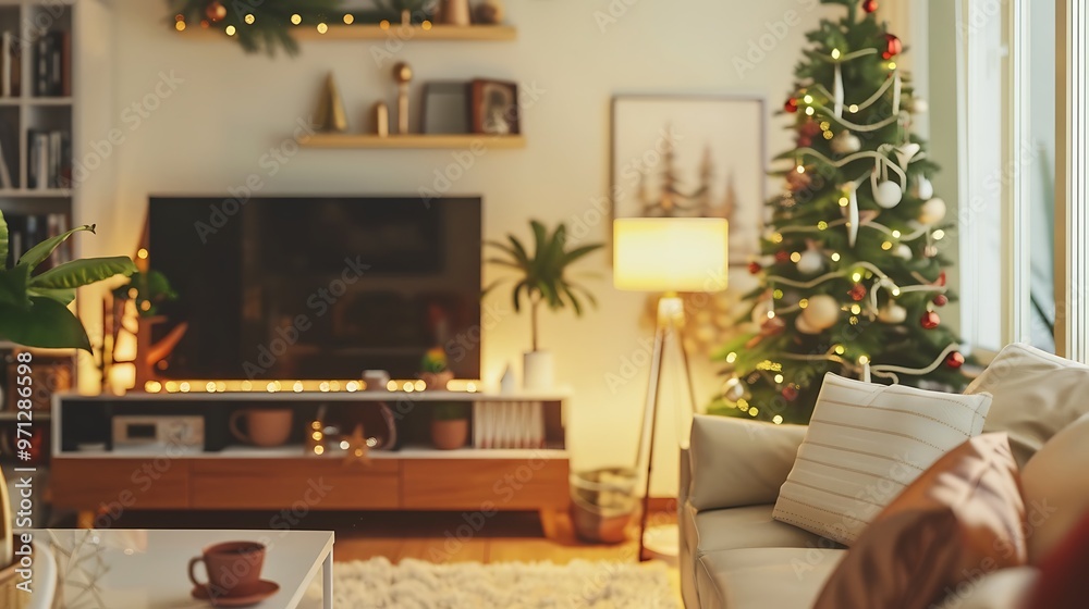 A modern living room adorned with early Christmas decorations, creating a warm and inviting atmosphere. A minimalist setup with a coffee bar adds to the festive charm A modern living room adorned with early Christmas decorations, creating a warm and inviting atmosphere. A minimalist setup with a coffee bar adds to the festive charm