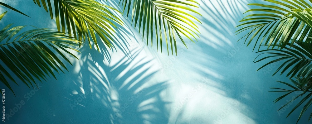 Beautiful palm leaves on a blue background, with a shadow effect. Background, banner, wallpaper Beautiful palm leaves on a blue background, with a shadow effect. Background, banner, wallpaper