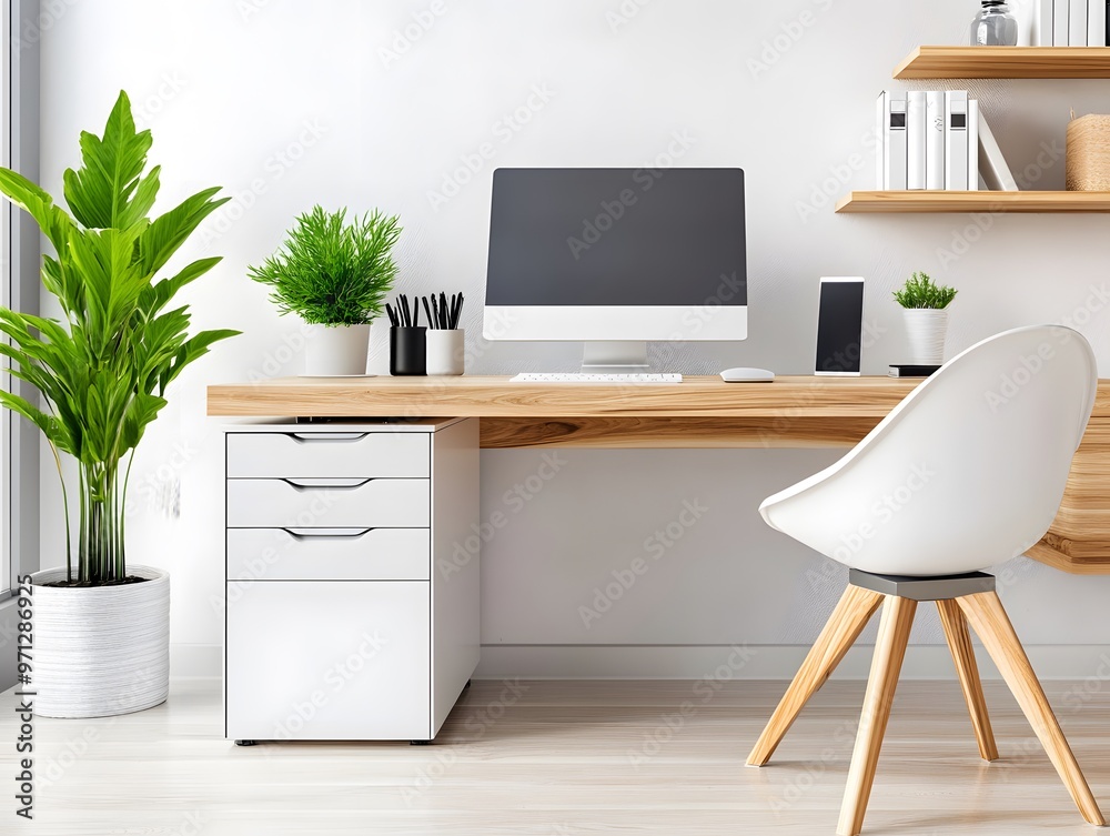 Minimalist Home Office Desk with White Chair and Plants. Minimalist Home Office Desk with White Chair and Plants.