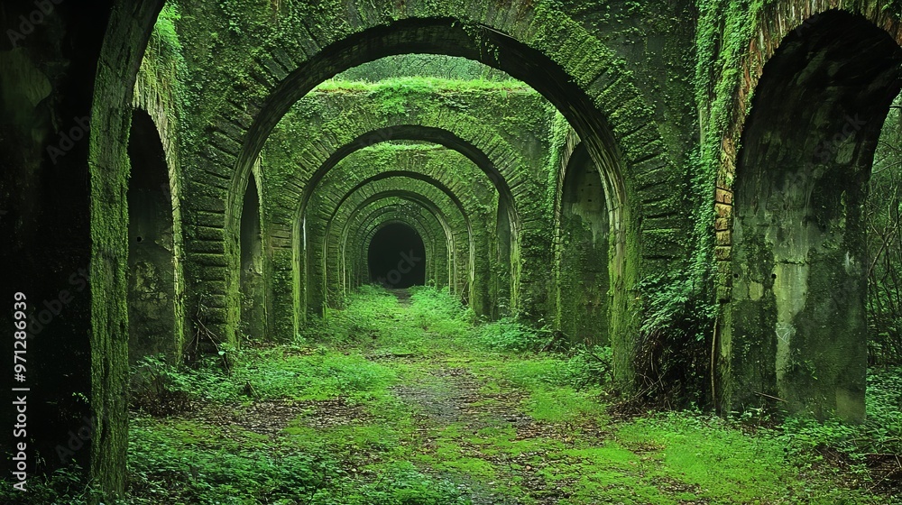 Moss-covered aqueduct arches.