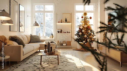 A modern living room adorned with early Christmas decorations, creating a warm and inviting atmosphere. A minimalist setup with a coffee bar adds to the festive charm