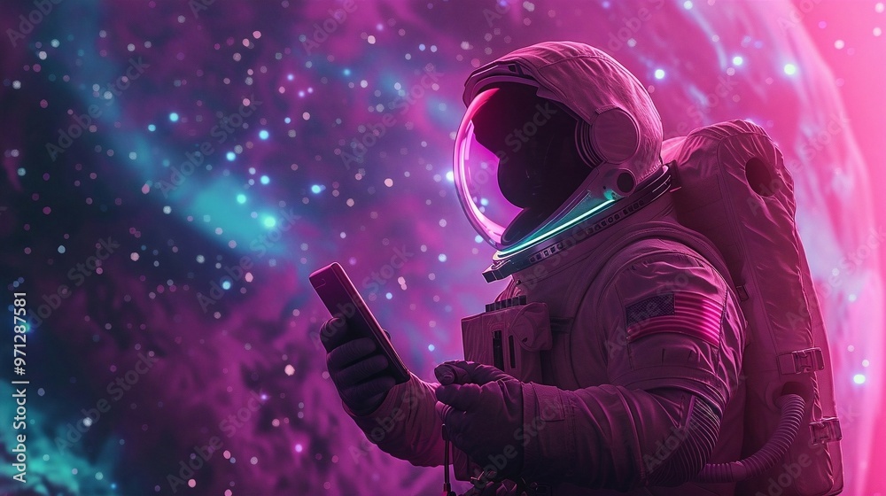 An astronaut, illuminated by vibrant red and blue lights, holds a smartphone. The futuristic scene showcases the astronaut engaging with technology against a cosmic backdrop. An astronaut, illuminated by vibrant red and blue lights, holds a smartphone. The futuristic scene showcases the astronaut engaging with technology against a cosmic backdrop.