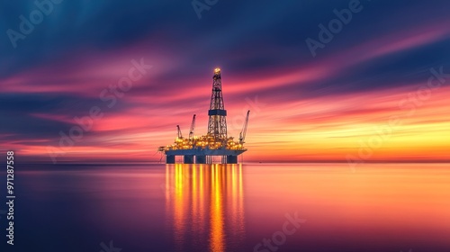 A large oil rig is floating in the ocean at sunset