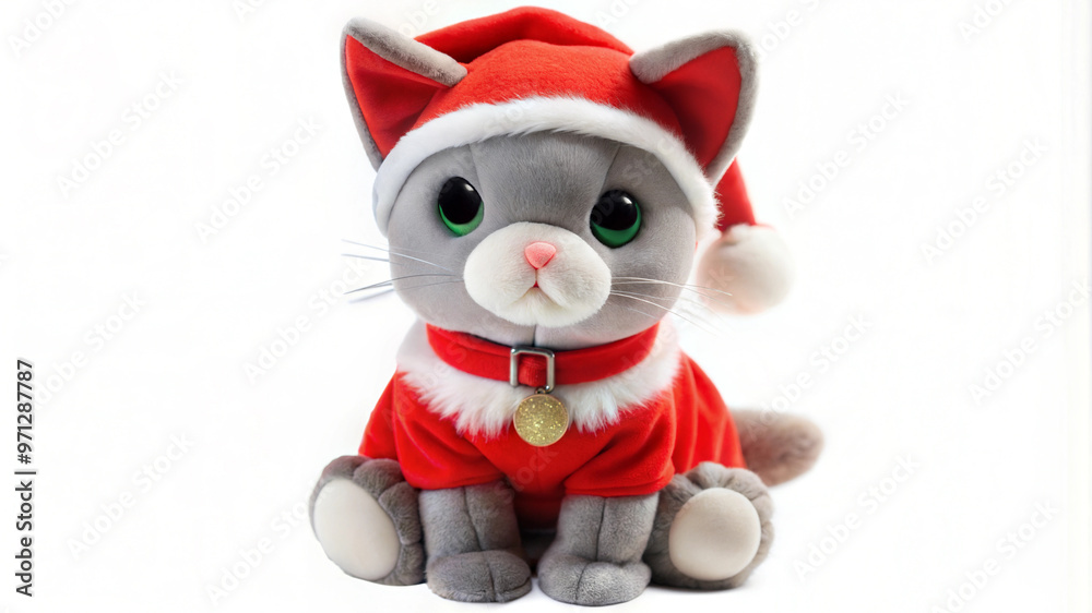 Christmas plush kitten dressed in a red Santa hat, cute festive decoration, white background Christmas plush kitten dressed in a red Santa hat, cute festive decoration, white background