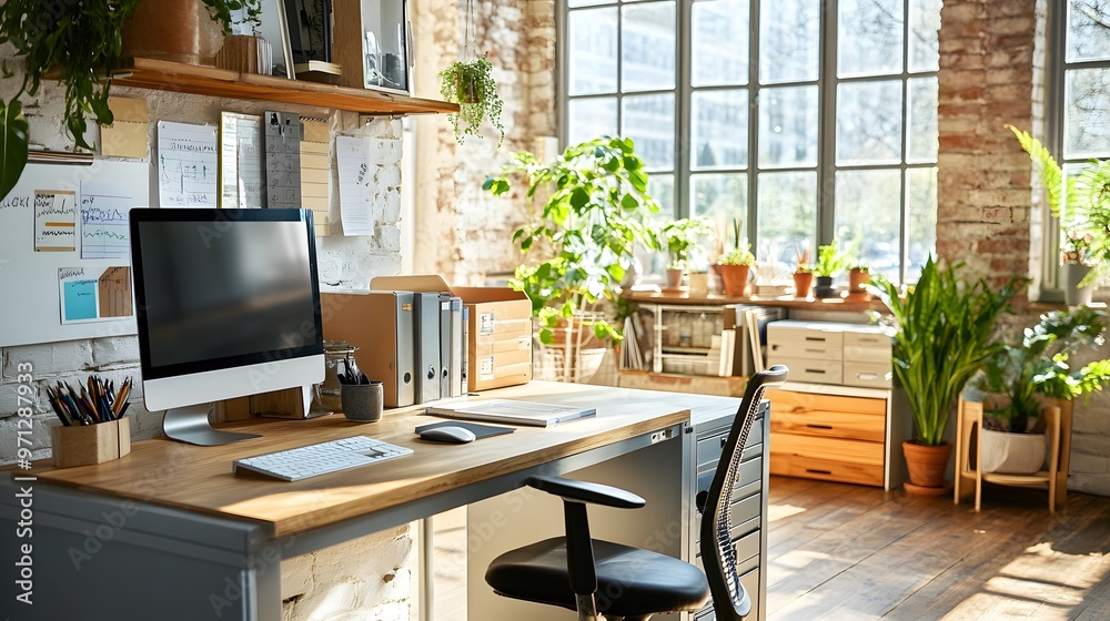Modern Home Office Desk with Plants and Natural Light. Modern Home Office Desk with Plants and Natural Light.