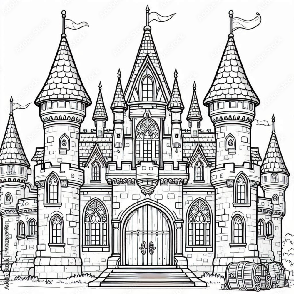 Fototapeta premium Intricate Fairytale Castle Illustration Perfect for Coloring Book Pages Design