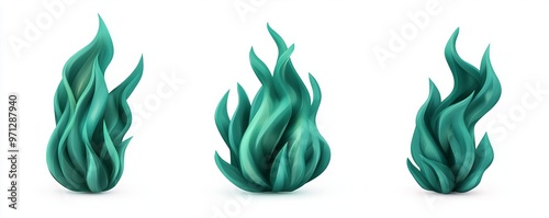 Three elegant, stylized teal flames showcasing fluid shapes and vibrant colors, perfect for design and artistic projects. photo