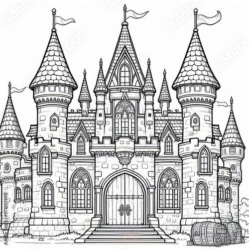 Intricate Fairytale Castle Illustration Perfect for Coloring Book Pages Design
