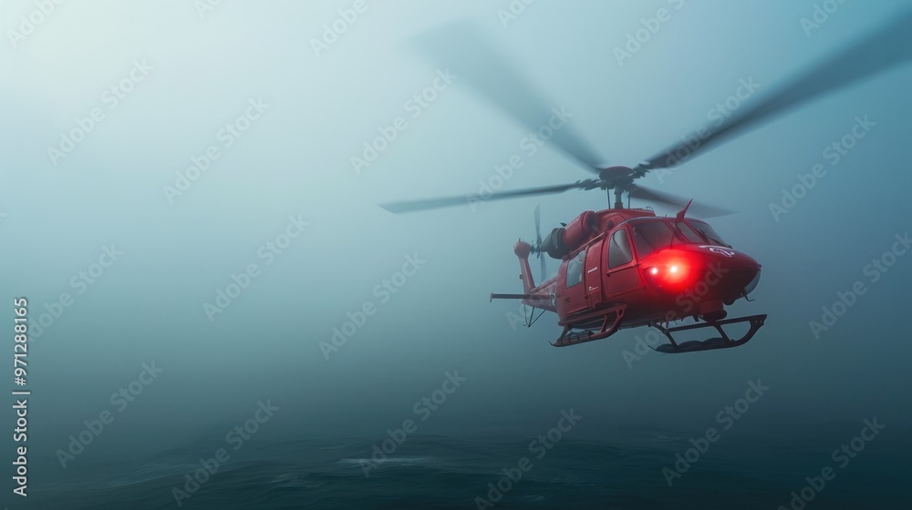 Calm Sea Meets Intense Rescue: Red Coast Guard Helicopter in Heavy Fog Calm Sea Meets Intense Rescue: Red Coast Guard Helicopter in Heavy Fog