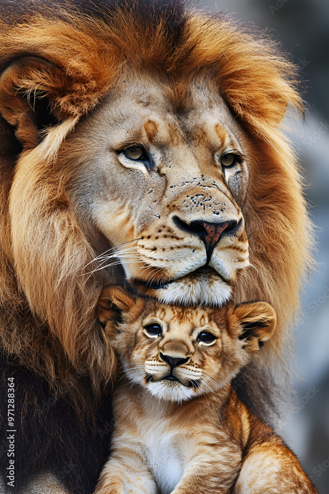 Fototapeta premium Lion adult and cub , african animals mammal wildlife , isolated