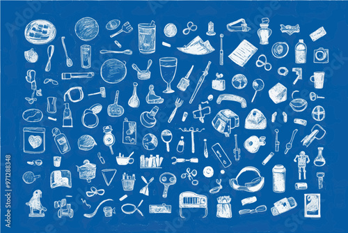 Vector icons of the most common daily objects in white on a blue background-gigapixel-art-scale-4_00x