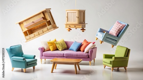Floating Colorful Dollhouse Furniture on White Background