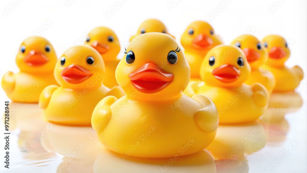 Close-Up of Yellow Rubber Ducks on White Background Close-Up of Yellow Rubber Ducks on White Background
