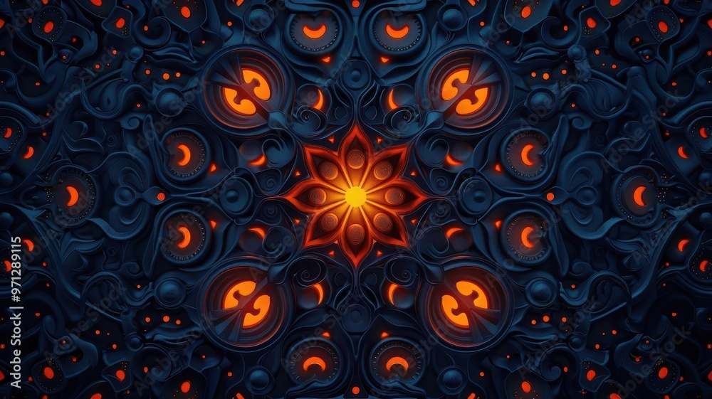 Intricate pattern featuring vibrant orange accents and a central flower design against a deep blue backdrop, creating a captivating visual.