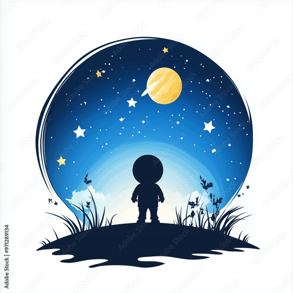 Little Boy Silhouette Gazing at Night Sky with Stars and Planet Little Boy Silhouette Gazing at Night Sky with Stars and Planet