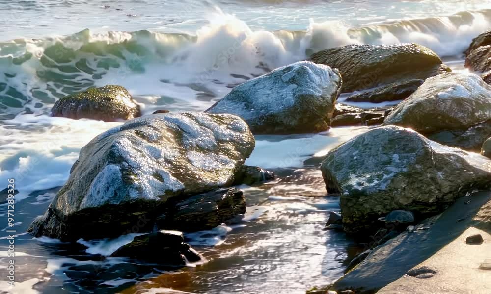 Coastal rocks with sea foam, hyperrealistic Video Coastal rocks with sea foam, hyperrealistic Video