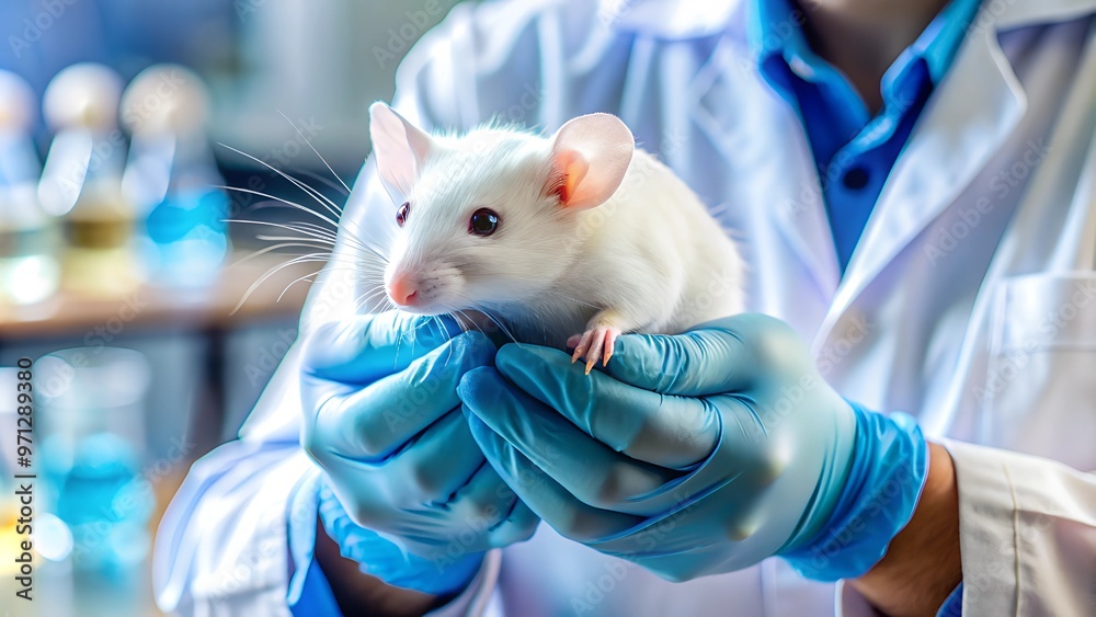 A scientist in blue gloves holds a white laboratory mouse, symbolizing its essential role in medical research and experimental science. The image portrays precision and care in handling research anima A scientist in blue gloves holds a white laboratory mouse, symbolizing its essential role in medical research and experimental science. The image portrays precision and care in handling research anima