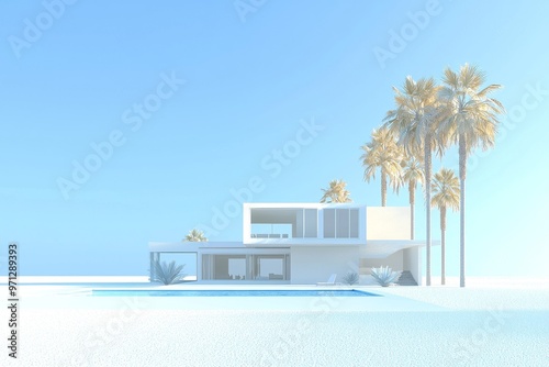 Created with generative AI, this image shows the exterior and interior of a modern minimalist cubic villa with a large pool surrounded by palm trees.