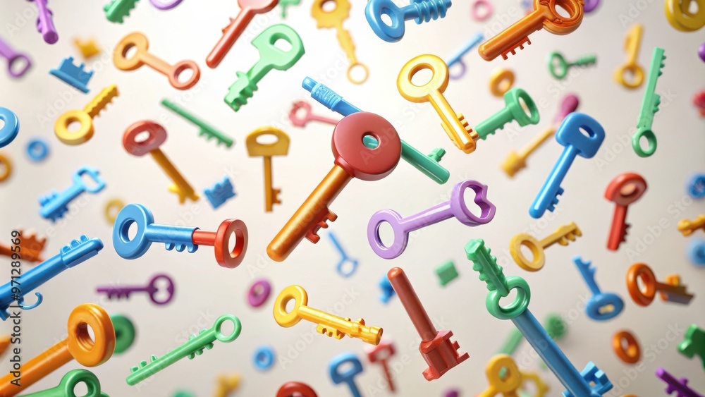 Colorful Plastic Toy Keys Floating in Midair Colorful Plastic Toy Keys Floating in Midair