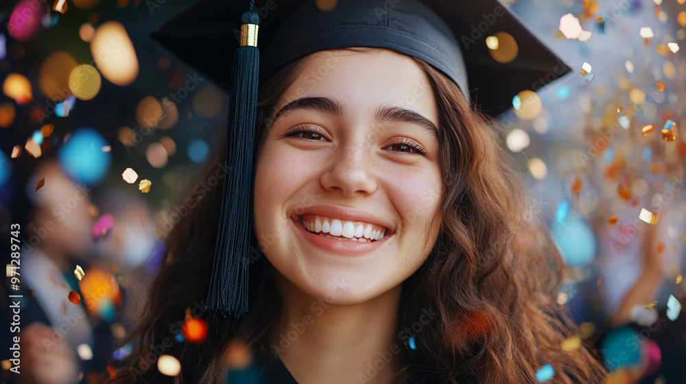 A happy woman in a graduation with confetti A happy woman in a graduation with confetti
