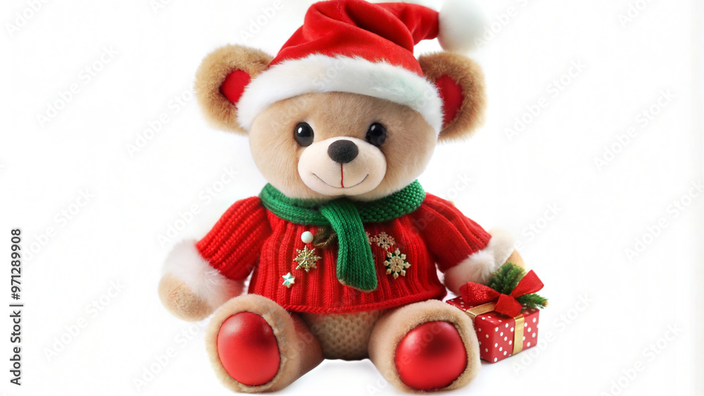 Christmas teddy bear in a red Santa hat holding a gift box, festive decoration, white background