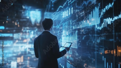 A businessman stands in front of a large screen displaying data and graphs. He holds a tablet in his hand and looks at the screen with a thoughtful expression.