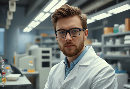 Male doctor laboratory assistant in a white coat in a chemical laboratory against the background of shelves with chemical reagents.