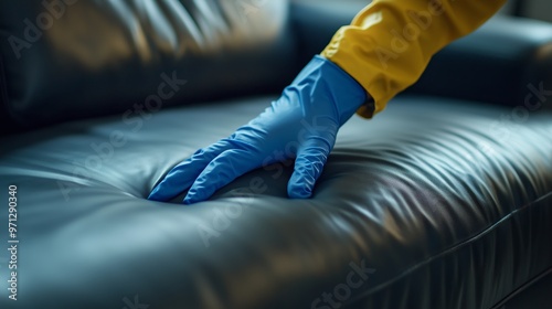 Cleaning a leather couch with gloves during a home maintenance routine in a well-lit living room setting