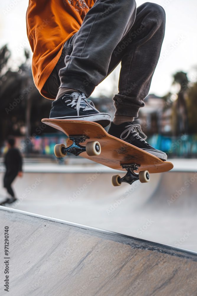 Fototapeta premium Skateboarder performs airborne trick, showcasing balance and skill. Orange top contrasts with gray pants, embodying urban youth culture and extreme sports lifestyle.