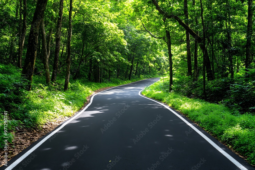 Fototapeta premium A narrow rural road weaving through a dense forest, with sunlight filtering through the canopy of leaves above