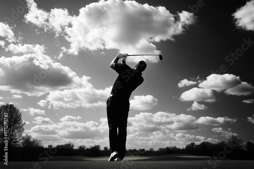 Powerful golfer silhouette mid swing on course. Dramatic black and white contrast with cloudy sky backdrop. Sports action capturing strength, form, and nature's beauty.