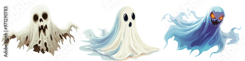 Spooky halloween ghost with scary face, cartoon style, with transparent background smooth blur edge, Decorative Halloween concept