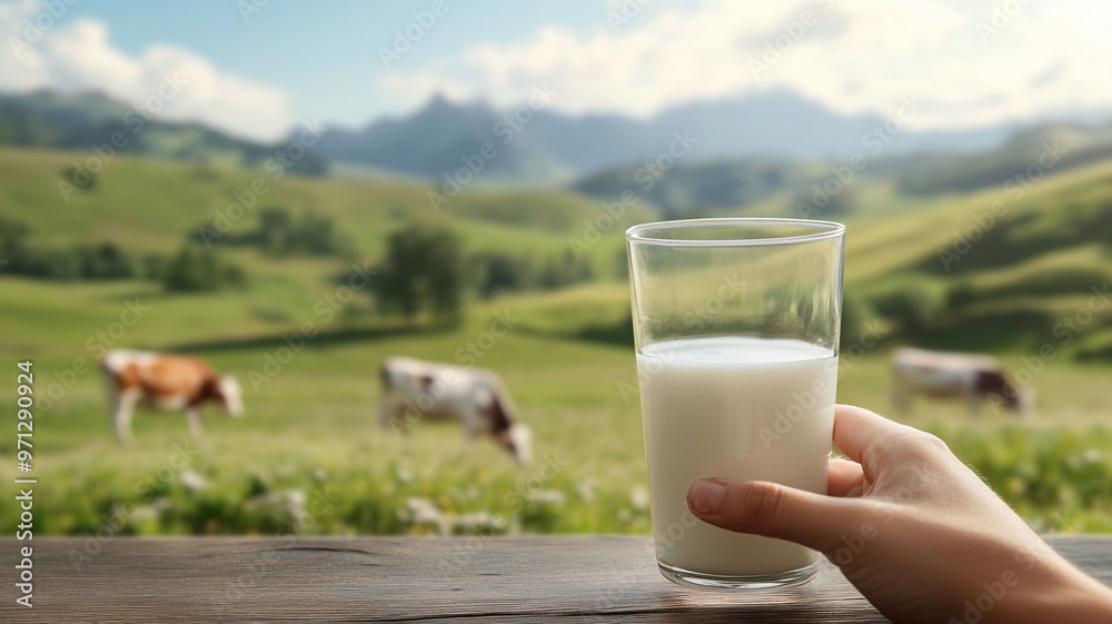 hand holding glass of fresh milk in the meadow with cow grazing in background hand holding glass of fresh milk in the meadow with cow grazing in background