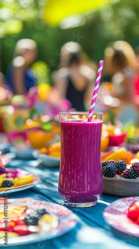 Blackberry smoothie with a striped straw at an outdoor brunch table