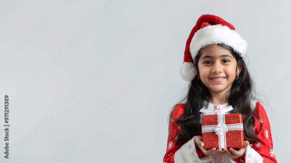 A cute and happy Indian girl dressing in the Christmas costume like a Santa Claus and holding a gift box on a plain white background with copy space for text.