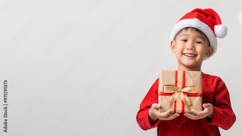 Obraz premium A cute and happy Southeast Asian boy dressing in the Christmas costume like a Santa Claus and holding a gift box on a plain white background with copy space for text.
