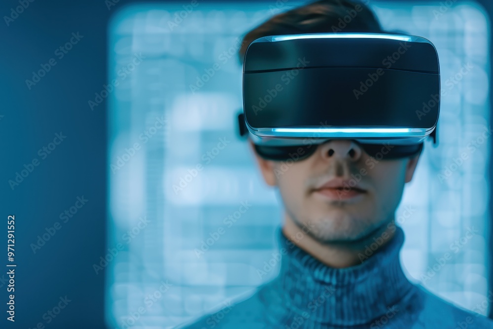 Close-up of a man wearing a virtual reality headset, symbolizing immersive technology, virtual experiences, and futuristic innovation in digital environments. Close-up of a man wearing a virtual reality headset, symbolizing immersive technology, virtual experiences, and futuristic innovation in digital environments.