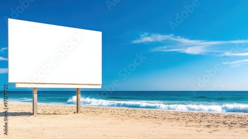 Blank Billboard on Sandy Beach with Ocean Waves and Blue Sky