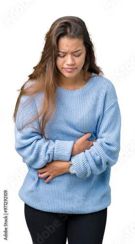 Young beautiful brunette woman wearing blue winter sweater over isolated background with hand on stomach because indigestion, painful illness feeling unwell. Ache concept.