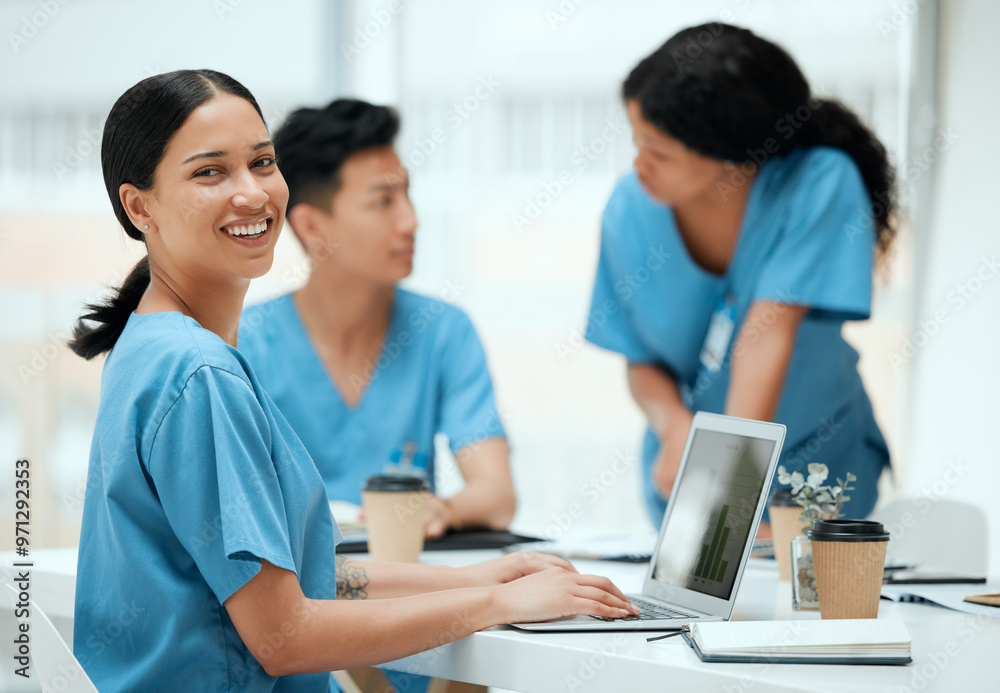 Woman, nurse and graphs on laptop with teamwork, collaboration and coworking for healthcare. People, employees and happy on portrait on meeting with statistics, report and data on planning at clinic Woman, nurse and graphs on laptop with teamwork, collaboration and coworking for healthcare. People, employees and happy on portrait on meeting with statistics, report and data on planning at clinic
