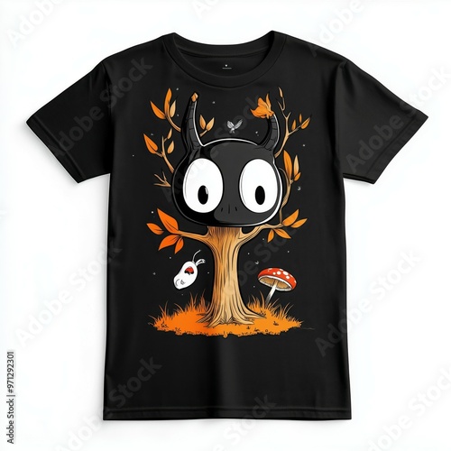 Cute Cartoon Monster T Shirt Design with Autumn Leaves and Mushrooms