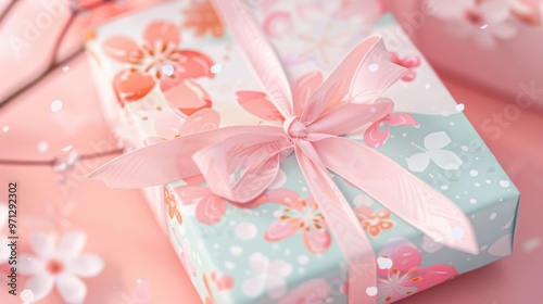 A pastel pink gift box tied with a matching ribbon, decorated with floral patterns and surrounded by delicate cherry blossoms.