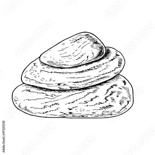Pyramid of sea stones of different shapes hand drawn vector illustration. Etching drawing of limestones balancing on each other. For creating new composition, spa centers