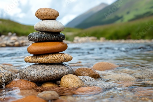 A pile of smooth river rocks stacked carefully by the waterâ€™s edge, with the current gently flowing around them photo